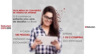 A CADA
100 PESSOAS
VISITANDO UM
E-COMMERCE
O E-commerce
enfrenta uma série
de desafios no Brasil
TAXA MÉDIA DE CONVERSÃO
DE VENDAS NA INTERNET
APENAS
1 OU 2 COMPRAS
SÃO EFETIVADAS
 