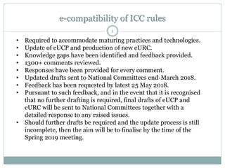 e-compatibility of ICC rules
1
• Required to accommodate maturing practices and technologies.
• Update of eUCP and production of new eURC.
• Knowledge gaps have been identified and feedback provided.
• 1300+ comments reviewed.
• Responses have been provided for every comment.
• Updated drafts sent to National Committees end-March 2018.
• Feedback has been requested by latest 25 May 2018.
• Pursuant to such feedback, and in the event that it is recognised
that no further drafting is required, final drafts of eUCP and
eURC will be sent to National Committees together with a
detailed response to any raised issues.
• Should further drafts be required and the update process is still
incomplete, then the aim will be to finalise by the time of the
Spring 2019 meeting.
 