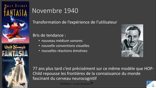 Novembre 1940
Transformation de l’expérience de l’utilisateur
Bris de tendance :
• nouveau médium sonores
• nouvelle conventions visuelles
• nouvelles réactions émotives
77 ans plus tard c’est précisément sur ce même modèle que HOP-
Child repousse les frontières de la connaissance du monde
fascinant du cerveau neurocognitif
Confidentiel – ne pas reproduire c 2
 