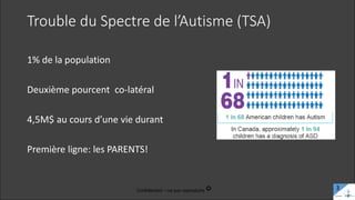 Trouble du Spectre de l’Autisme (TSA)
1% de la population
Deuxième pourcent co-latéral
4,5M$ au cours d’une vie durant
Première ligne: les PARENTS!
Confidentiel – ne pas reproduire c 3
 