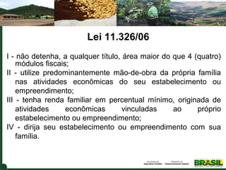 Lei 11.326/06
I - não detenha, a qualquer título, área maior do que 4 (quatro) 
módulos fiscais; 
II  -  utilize  predominantemente  mão-de-obra  da  própria  família 
nas  atividades  econômicas  do  seu  estabelecimento  ou 
empreendimento;
III  -  tenha  renda  familiar  em  percentual  mínimo,  originada  de 
atividades 
econômicas 
vinculadas 
ao 
próprio 
estabelecimento ou empreendimento;
IV  -  dirija  seu  estabelecimento  ou  empreendimento  com  sua 
família.

 