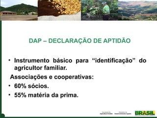 DAP – DECLARAÇÃO DE APTIDÃO
• Instrumento básico para “identificação” do
agricultor familiar.
Associações e cooperativas:
• 60% sócios.
• 55% matéria da prima.

 