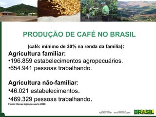 PRODUÇÃO DE CAFÉ NO BRASIL
(café: mínimo de 30% na renda da família):

Agricultura familiar:
•196.859 estabelecimentos agropecuários.
•654.941 pessoas trabalhando.
Agricultura não-familiar:
•46.021 estabelecimentos.
•469.329 pessoas trabalhando.
Fonte: Censo Agropecuário 2006

 