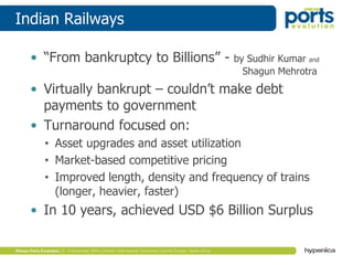 Indian Railways
• “From bankruptcy to Billions” - by Sudhir Kumar and
Shagun Mehrotra
• Virtually bankrupt – couldn’t make debt
payments to government
• Turnaround focused on:
• Asset upgrades and asset utilization
• Market-based competitive pricing
• Improved length, density and frequency of trains
(longer, heavier, faster)
• In 10 years, achieved USD $6 Billion Surplus
 