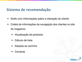 Sistema de recomendação
• Grafo com informações sobre a interação do cliente
• Coleta de informações da navegação dos clientes no site
do magazine:
• Visualização de produtos
• Cálculo de frete
• Adições ao carrinho
• Compras
 