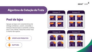 Algoritmo de Cotação de Frete
.
Pool de lojas
Agrupe as lojas com características de
entrega similares e, assim, consolide o
estoque dessas lojas e aumente a oferta
para o seu cliente, reduzindo ainda mais
a chance de ruptura.
OFERTA DE PRODUTOS
RUPTURA
Estoque 01 Estoque 02
Estoque 03 Estoque 04
 