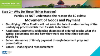 Parties do NOT understand the reason the LC exists:
Movement of Goods and Payment
• Simplifying UCP or Credits will not so...