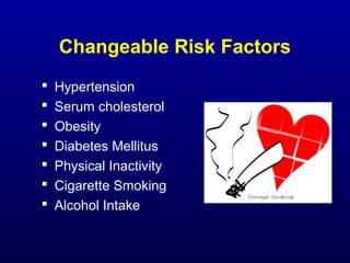 Changeable Risk Factors
 Hypertension
 Serum cholesterol
 Obesity
 Diabetes Mellitus
 Physical Inactivity
 Cigarette Smoking
 Alcohol Intake
 