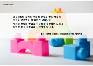 GURU People’s
구성원들의 동기는 그들이 보상을 받는 행동에구성원들의 동기는 그들이 보상을 받는 행동에
초점을 맞추었을 때 의미가 있습니다.
평가와 보상의 방법을 신중하게 결합하는 노력이평가와 상의 방법을 신중하게 결합하는 력이
진정한 동기 유발임을 자각해야 합니다.
출처 : 이창준(2009). 리더십패스파인더. 학이시습
 