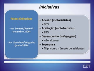 Iniciativas

  Faixas Exclusivas         • Adesão (motociclistas)
                              • 90%
 - Av. Sumaré/Paulo VI      • Aceitação (motofretistas)
    (setembro 2006)           • 83%
                            • Desempenho (tráfego geral)
                              • não alterou
- Av. Liberdade/Vergueiro
        (junho 2010)        • Segurança
                              • Triplicou o número de acidentes
 