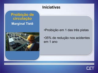 Iniciativas
Proibição de
 circulação
Marginal Tietê
                 •Proibição em 1 das três pistas

                 •35% de redução nos acidentes
                 em 1 ano
 