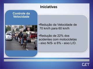 Iniciativas
Controle da
Velocidade

              •Redução da Velocidade de
               70 km/h para 60 km/h

              •Redução de 22% dos
              acidentes com motocicletas
              - eixo N/S- e 6% - eixo L/O.
 