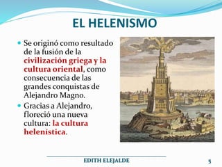 EL HELENISMO
 Se originó como resultado
de la fusión de la
civilización griega y la
cultura oriental, como
consecuencia de las
grandes conquistas de
Alejandro Magno.
 Gracias a Alejandro,
floreció una nueva
cultura: la cultura
helenística.
___________________________________________
EDITH ELEJALDE 5
 