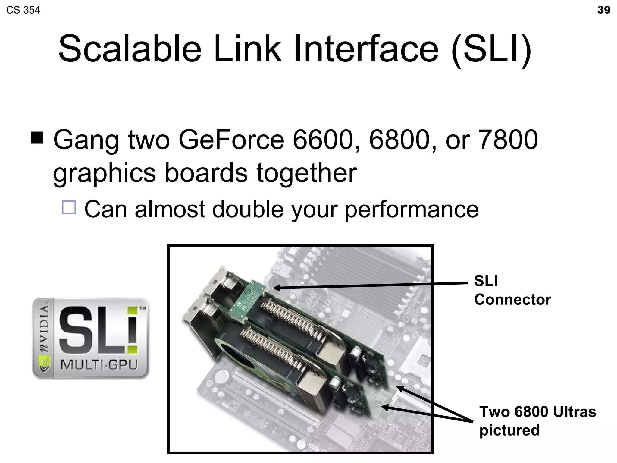 CS 354                                                          39



         Scalable Link Interface (SLI)

        Gang two GeForce 6600, 6800, or 7800
         graphics boards together
            Can almost double your performance

                                              SLI
                                              Connector




                                              Two 6800 Ultras
                                              pictured
 