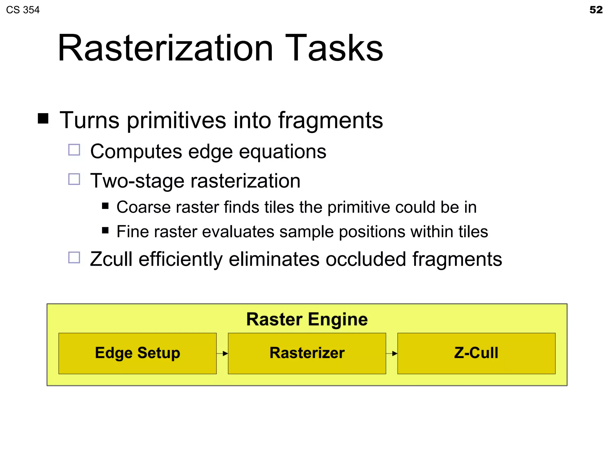 CS 354                                                                  52



         Rasterization Tasks
        Turns primitives into fragments
            Computes edge equations
            Two-stage rasterization
                 Coarse raster finds tiles the primitive could be in
                 Fine raster evaluates sample positions within tiles
            Zcull efficiently eliminates occluded fragments
 
