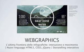 WEBGRAPHICS
L’ultima frontiera delle infograﬁche: interazione e movimento
| Nuovi linguaggi HTML5, CSS3, jQuery | Storytelling interattivo
•Immagini in movimento,
interazione, link cliccabili,
animazioni che riescono a
tenere alto l’interesse
dell’utente.
•Aumento del traffico e
degli inbound per la SEO.
•Aumento dei tassi di
conversione e
miglioramento del
retargeting.
 