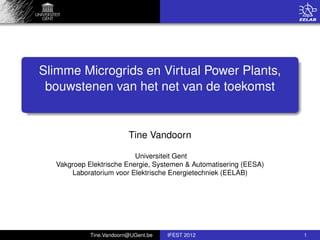 Slimme Microgrids en Virtual Power Plants,
 bouwstenen van het net van de toekomst


                         Tine Vandoorn

                          Universiteit Gent
  Vakgroep Elektrische Energie, Systemen & Automatisering (EESA)
      Laboratorium voor Elektrische Energietechniek (EELAB)




            Tine.Vandoorn@UGent.be   IFEST 2012                    1
 