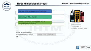 Module 2 Multidimensional arrays
Three-dimensional arrays
• three buildings
• 15 floors each
• 20 rooms on each floor
the type of the array's elements(True/False)
calm analysis of the situation
rooms = [[[False for r in range(20)] for f in
range(15)] for t in range(3)]
In the second building,
on the tenth floor, room
14:
rooms[1][9][13] = True
 