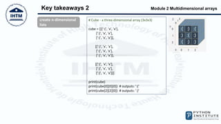 Module 2 Multidimensional arrays
Key takeaways 2
# Cube - a three-dimensional array (3x3x3)
cube = [[[':(', 'x', 'x'],
[':)', 'x', 'x'],
[':(', 'x', 'x']],
[[':)', 'x', 'x'],
[':(', 'x', 'x'],
[':)', 'x', 'x']],
[[':(', 'x', 'x'],
[':)', 'x', 'x'],
[':)', 'x', 'x']]]
print(cube)
print(cube[0][0][0]) # outputs: ':('
print(cube[2][2][0]) # outputs: ':)'
create n-dimensional
lists
 