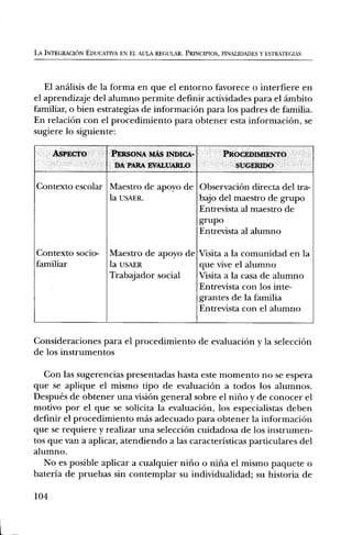 LA INTEGRACION EDUCATIVA EN EL AULA REGULAR. PRINCIPIOS, FINALIDADES Y ESTRATEGIAS




   El analisis de la forma en que el entorno favorece o interfiere en
el aprendizaje del alumno permite definir actividades para el ambito
familiar, o bien estrategias de informaciOn para los padres de familia.
En relaciOn con el procedimiento para obtener esta informaciOn, se
sugiere lo siguiente:

      ASPECT°          PERSONA MAS INDICA-                PROCEDIMIENTO
                        DA PARA EVALUARLO                    SUGERIDO

Contexto escolar Maestro de apoyo de ObservaciOn directa del tra-
                 la USAER.           bajo del maestro de grupo
                                     Entrevista al maestro de
                                     grupo
                                     Entrevista al alumno

Contexto socio-        Maestro de apoyo de Visita a la comunidad en la
familiar               la USAER            que vive el alumno
                       Trabajador social   Visita a la casa de alumno
                                           Entrevista con los inte-
                                           grantes de la familia
                                           Entrevista con el alumno


Consideraciones para el procedimiento de evaluaciOn y la selecciOn
de los instrumentos

   Con las sugerencias presentadas hasta este momento no se espera
que se aplique el mismo tipo de evaluaciOn a todos los alumnos.
Despues de obtener una vision general sobre el niiio y de conocer el
motivo por el que se solicita la evaluaciOn, los especialistas deben
definir el procedimiento mas adecuado para obtener la informaciOn
que se requiere y realizar una selecciOn cuidadosa de los instrumen-
tos que van a aplicar, atendiendo a las caracteristicas particulares del
alumno.
   No es posible aplicar a cualquier nino o nifia el mismo paquete o
bateria de pruebas sin contemplar su individualidad; su historia de

104
 