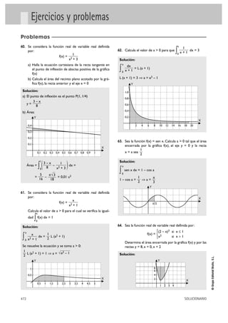 Ejercicios y problemas
Problemas
60. Se considera la función real de variable real definida                                                                                          a
                                                                                                                                                         1
         por:
                                                          1
                                                                                      62. Calcula el valor de a > 0 para que
                                                                                                                                                ∫
                                                                                                                                                0       x+1
                                                                                                                                                            dx = 3
                                          f(x) =
                                                      x2 +     3                       Solución:
         a) Halla la ecuación cartesiana de la recta tangente en                           a
                                                                                                dx
            el punto de inflexión de abscisa positiva de la gráfica
            f(x)
                                                                                       ∫   0   x+1
                                                                                                   = L (a + 1)

         b) Calcula el área del recinto plano acotado por la grá-                      L (a + 1) = 3 ò a = e3 – 1
            fica f(x), la recta anterior y el eje x = 0                                              Y

 Solución:                                                                                     1,0
 a) El punto de inflexión es el punto P(1, 1/4)
                                                                                               0,8
         3–x
    y=                                                                                         0,6
          8
                                                                                               0,4
 b) Área:
               Y                                                                               0,2
                                                                                                                                                                    X
         0,4                                                                                             2    4   6       8     10    12   14       16    18   20

         0,3

         0,2
                                                                                      63. Sea la función f(x) = sen x. Calcula a > 0 tal que el área
         0,1
                                                                                               encerrada por la gráfica f(x), el eje y = 0 y la recta
                                                                                  X
                                                                                                         1
                   0,1 0,2 0,3 0,4 0,5 0,6 0,7 0,8 0,9                        1                x = a sea
                                                                                                         2


                       ∫(                         )
                       1
                            3–x     1                                                  Solución:
         Área =                 – 2    dx =                                                a
                             8    x +3
                   5
                       0

                       π√ 3
                                                                                       ∫   0
                                                                                               sen x dx = 1 – cos a
                =    –      = 0,01 u2                                                                        1     π
                  16    18                                                             1 – cos a =             òa=
                                                                                                             2     3
                                                                                                                      Y
61. Se considera la función real de variable real definida
         por:                                                                                                                                                       X
                                                          x
                                          f(x) =                                                                          π/3
                                                      x2 +     1
         Calcula el valor de a > 0 para el cual se verifica la igual-
                   a
         dad
                ∫ f(x) dx = 1
                 0

 Solución:                                                                            64. Sea la función real de variable real definida por:
     a                                                                                                                °(2 – x)3 si x Ì 1
           x         1                                                                                         f(x) = ¢ 2
 ∫   0   x2 + 1
                dx =
                     2
                       L (a2 + 1)                                                                                     £x        si x > 1
                                                                                               Determina el área encerrada por la gráfica f(x) y por las
 Se resuelve la ecuación y se toma a > 0:                                                      rectas y = 8, x = 0, x = 2
  1
    L (a2 + 1) = 1 ò a = √ e2 – 1                                                      Solución:
  2
                                                                                                                                                                         © Grupo Editorial Bruño, S.L.




               Y                                                                                                                Y

           1                                                                                                               8
                                                                                                                           6
         0,5                                                                                                               4
                                                                                  X                                        2
                                                                                                                                                           X
                   0,5      1   1,5   2     2,5       3       3,5   4   4,5   5
                                                                                                                                    1 2 3 4



472                                                                                                                                                       SOLUCIONARIO
 