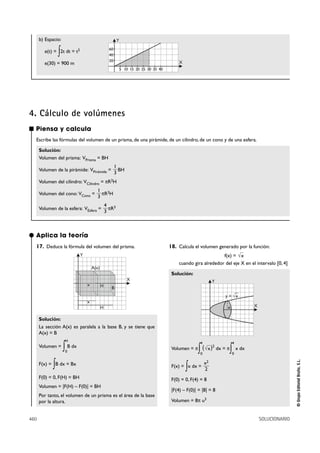 b) Espacio:                                      Y

                ∫
        e(t) = 2t dt = t2                        60
                                                 40
                                                 20                                      X
        e(30) = 900 m
                                                           5 10 15 20 25 30 35 40




4. Cálculo de volúmenes
■ Piensa y calcula
  Escribe las fórmulas del volumen de un prisma, de una pirámide, de un cilindro, de un cono y de una esfera.

      Solución:
      Volumen del prisma: VPrisma = BH
                                                      1
      Volumen de la pirámide: VPirámide =               BH
                                                      3
      Volumen del cilindro: VCilindro = πR2H
                                        1 2
      Volumen del cono: VCono =           πR H
                                        3
                                                4 3
      Volumen de la esfera: VEsfera =             πR
                                                3



● Aplica la teoría
  17. Deduce la fórmula del volumen del prisma.                                     18. Calcula el volumen generado por la función:
                             Y                                                                               f(x) = √x
                                                                                        cuando gira alrededor del eje X en el intervalo [0, 4]
                                     A(x)
                                                                                     Solución:
                                                              X                                              Y
                                 x          H     B
                                                                                                                      —
                                                                                                                 y = √x
                                 x
                                            H                                                                      4         X

      Solución:
      La sección A(x) es paralela a la base B, y se tiene que
      A(x) = B
                     H
                                                                                                    4                  4
      Volumen =     ∫ B dx
                     0
                                                                                     Volumen = π
                                                                                                  ∫ 0
                                                                                                                   ∫ x dx
                                                                                                      ( √x )2 dx = π
                                                                                                                       0
                                                                                                                                                 © Grupo Editorial Bruño, S.L.




            ∫
      F(x) = B dx = Bx
                                                                                             ∫
                                                                                     F(x) = x dx =
                                                                                                        x2
                                                                                                        2
      F(0) = 0, F(H) = BH                                                            F(0) = 0, F(4) = 8
      Volumen = |F(H) – F(0)| = BH
                                                                                     |F(4) – F(0)| = |8| = 8
      Por tanto, el volumen de un prisma es el área de la base
      por la altura.                                                                 Volumen = 8π u3


460                                                                                                                              SOLUCIONARIO
 