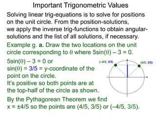 Important Trigonometric Values
Solving linear trig-equations is to solve for positions
on the unit circle. From the position-solutions,
we apply the inverse trig-functions to obtain angular-
solutions and the list of all solutions, if necessary.
By the Pythagorean Theorem we find
x = ±4/5 so the points are (4/5, 3/5) or (–4/5, 3/5).
Example g. a. Draw the two locations on the unit
circle corresponding to  where 5sin() – 3 = 0.
5sin() – 3 = 0 or
sin() = 3/5 = y-coordinate of the
point on the circle.
It’s positive so both points are at
the top-half of the circle as shown.
(–4/5, 3/5) (4/5, 3/5)
 