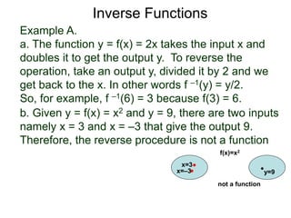 Example A.
a. The function y = f(x) = 2x takes the input x and
doubles it to get the output y. To reverse the
operation, take an output y, divided it by 2 and we
get back to the x. In other words f –1(y) = y/2.
So, for example, f –1(6) = 3 because f(3) = 6.
b. Given y = f(x) = x2 and y = 9, there are two inputs
namely x = 3 and x = –3 that give the output 9.
Therefore, the reverse procedure is not a function
x=3
y=9
f(x)=x2
x=–3
not a function
Inverse Functions
 