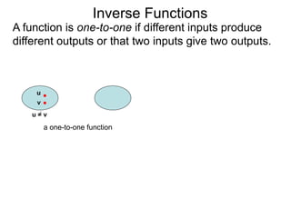 Inverse Functions
u
v
u = v
a one-to-one function
A function is one-to-one if different inputs produce
different outputs or that two inputs give two outputs.
 