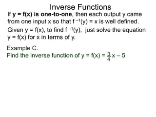 Inverse Functions
Example C.
Find the inverse function of y = f(x) = x – 53
4
Given y = f(x), to find f –1(y), just solve the equation
y = f(x) for x in terms of y.
If y = f(x) is one-to-one, then each output y came
from one input x so that f –1(y) = x is well defined.
 