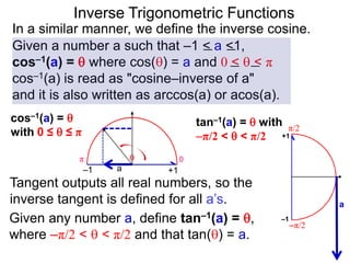 Inverse Trigonometric Functions
In a similar manner, we define the inverse cosine.
Given a number a such that –1 < a <1,
cos–1(a) =  where cos() = a and 0 <  < π
cos–1(a) is read as "cosine–inverse of a"
and it is also written as arccos(a) or acos(a).
Given any number a, define tan–1(a) = ,
where –π/2 <  < π/2 and that tan() = a.
Tangent outputs all real numbers, so the
inverse tangent is defined for all a’s.
0π
a

–1 +1
cos–1(a) = 
with 0 ≤  ≤ π
tan–1(a) =  with
–π/2 <  < π/2
π/2
–π/2
a
–1
+1
 