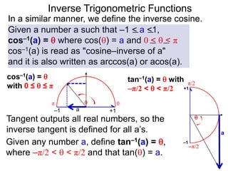 Inverse Trigonometric Functions
In a similar manner, we define the inverse cosine.
Given a number a such that –1 < a <1,
cos–1(a) =  where cos() = a and 0 <  < π
cos–1(a) is read as "cosine–inverse of a"
and it is also written as arccos(a) or acos(a).
Given any number a, define tan–1(a) = ,
where –π/2 <  < π/2 and that tan() = a.
Tangent outputs all real numbers, so the
inverse tangent is defined for all a’s.
tan–1(a) =  with
–π/2 <  < π/2
0π
a

–1 +1
π/2
–π/2
a

–1
+1
cos–1(a) = 
with 0 ≤  ≤ π
 