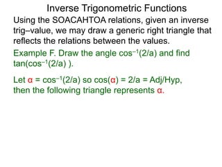 Inverse Trigonometric Functions
Using the SOACAHTOA relations, given an inverse
trig–value, we may draw a generic right triangle that
reflects the relations between the values.
Example F. Draw the angle cos–1(2/a) and find
tan(cos–1(2/a) ).
Let α = cos–1(2/a) so cos(α) = 2/a = Adj/Hyp,
then the following triangle represents α.
 