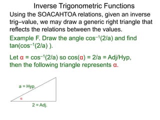 Inverse Trigonometric Functions
Using the SOACAHTOA relations, given an inverse
trig–value, we may draw a generic right triangle that
reflects the relations between the values.
α
2 = Adj.
a = Hyp.
Example F. Draw the angle cos–1(2/a) and find
tan(cos–1(2/a) ).
Let α = cos–1(2/a) so cos(α) = 2/a = Adj/Hyp,
then the following triangle represents α.
 
