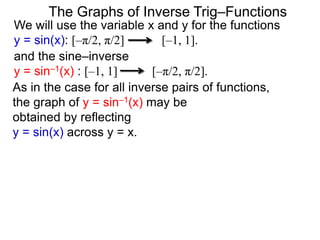 and the sine–inverse
y = sin–1(x) : [–1, 1] [–π/2, π/2].
We will use the variable x and y for the functions
y = sin(x): [–π/2, π/2] [–1, 1].
The Graphs of Inverse Trig–Functions
As in the case for all inverse pairs of functions,
the graph of y = sin–1(x) may be
obtained by reflecting
y = sin(x) across y = x.
 