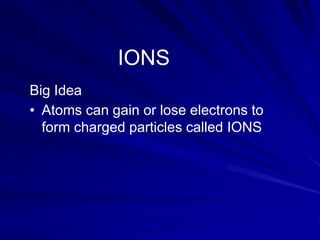 IONS
Big Idea
• Atoms can gain or lose electrons to
form charged particles called IONS
 