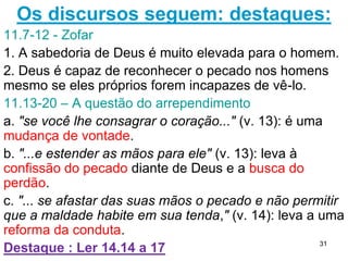 Surge um 4º personagem - Eliú
32.6-9 A sabedoria independe da idade e vem do
Espírito Santo.
33.29,30 Trata das intenções de Deus.
34.11 Defende Deus e Sua justiça retributiva.
36.2 Mais verdades em defesa de Deus.
37.23 Certas experiências de vida estão além da nossa
compreensão.
A palavra de Deus deve ser
apresentada e não defendida.
Há quem em nome da defesa de
Deus abra mão da ética cristã em
relação aos outros.
31
Eliú
 
