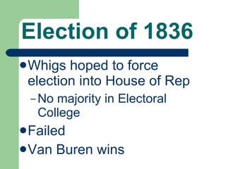 Election of 1836 Whigs hoped to force election into House of Rep No majority in Electoral College Failed Van Buren wins 