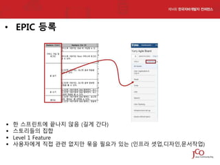 • EPIC 등록






한 스프린트에 끝나지 않음 (길게 간다)
스토리들의 집합
Level 1 Feature
사용자에게 직접 관련 없지만 묶을 필요가 있는 (인프라 셋업,디자인,문서작업)

 