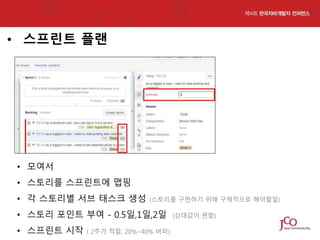 • 스프린트 플랜

• 모여서
• 스토리를 스프린트에 맵핑
• 각 스토리별 서브 태스크 생성

(스토리를 구현하기 위해 구체적으로 해야할일)

• 스토리 포인트 부여 - 0.5일,1일,2일
• 스프린트 시작

( 2주가 적절, 20%~40% 버퍼)

(상대값이 편함)

 