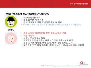PMO (PROJECT MANAGEMENT OFFICE)
•
•
•

BUDGET($$$) 관리
외주,솔루션 계약 관리
전체 프로젝트 상황 모니터링 및 RISK 관리

•
•
•
•
•
•

요구 사항의 원산지이자 잦은 요구 사항의 주체
야근 유발자
그러나 이사람들도 힘듬
프로젝트가 진행되면서 배움 – 그래서 요구사항이 바뀜
외부 고객뿐 아니라, 영업 조직, 내부 기획 조직도 고객
우리편이 되면 제일 든든함. (적이 아니라 스폰서) – 돈 주는 사람임

※ 프로젝트나 프로그램 규모가 클 경우 (프로젝트 단위 또는 프로그램 단위)

고갱님

아이콘 이미지 원본 : http://gemmagarner.com/portfolio/heads-up-character-illustrations/

 