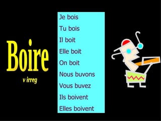 Je bois
Tu bois
Il boit
Elle boit
On boit
Nous buvons
Vous buvez
Ils boivent
Elles boivent