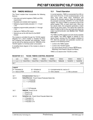 © 2009 Microchip Technology Inc. Preliminary DS41350C-page 107
PIC18F1XK50/PIC18LF1XK50
12.0 TIMER2 MODULE
The Timer2 module timer incorporates the following
features:
• 8-bit timer and period registers (TMR2 and PR2,
respectively)
• Readable and writable (both registers)
• Software programmable prescaler (1:1, 1:4 and
1:16)
• Software programmable postscaler (1:1 through
1:16)
• Interrupt on TMR2-to-PR2 match
• Optional use as the shift clock for the MSSP
module
The module is controlled through the T2CON register
(Register 12-1), which enables or disables the timer
and configures the prescaler and postscaler. Timer2
can be shut off by clearing control bit, TMR2ON of the
T2CON register, to minimize power consumption.
A simplified block diagram of the module is shown in
Figure 12-1.
12.1 Timer2 Operation
In normal operation, TMR2 is incremented from 00h on
each clock (FOSC/4). A 4-bit counter/prescaler on the
clock input gives direct input, divide-by-4 and
divide-by-16 prescale options; these are selected by
the prescaler control bits, T2CKPS<1:0> of the T2CON
register. The value of TMR2 is compared to that of the
period register, PR2, on each clock cycle. When the
two values match, the comparator generates a match
signal as the timer output. This signal also resets the
value of TMR2 to 00h on the next cycle and drives the
output counter/postscaler (see Section 12.2 “Timer2
Interrupt”).
The TMR2 and PR2 registers are both directly readable
and writable. The TMR2 register is cleared on any
device Reset, whereas the PR2 register initializes to
FFh. Both the prescaler and postscaler counters are
cleared on the following events:
• a write to the TMR2 register
• a write to the T2CON register
• any device Reset (Power-on Reset, MCLR Reset,
Watchdog Timer Reset or Brown-out Reset)
TMR2 is not cleared when T2CON is written.
REGISTER 12-1: T2CON: TIMER2 CONTROL REGISTER
U-0 R/W-0 R/W-0 R/W-0 R/W-0 R/W-0 R/W-0 R/W-0
— T2OUTPS3 T2OUTPS2 T2OUTPS1 T2OUTPS0 TMR2ON T2CKPS1 T2CKPS0
bit 7 bit 0
Legend:
R = Readable bit W = Writable bit U = Unimplemented bit, read as ‘0’
-n = Value at POR ‘1’ = Bit is set ‘0’ = Bit is cleared x = Bit is unknown
bit 7 Unimplemented: Read as ‘0’
bit 6-3 T2OUTPS<3:0>: Timer2 Output Postscale Select bits
0000 = 1:1 Postscale
0001 = 1:2 Postscale
•
•
•
1111 = 1:16 Postscale
bit 2 TMR2ON: Timer2 On bit
1 = Timer2 is on
0 = Timer2 is off
bit 1-0 T2CKPS<1:0>: Timer2 Clock Prescale Select bits
00 = Prescaler is 1
01 = Prescaler is 4
1x = Prescaler is 16
 