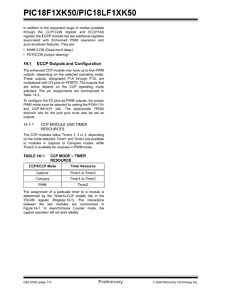 PIC18F1XK50/PIC18LF1XK50
DS41350C-page 114 Preliminary © 2009 Microchip Technology Inc.
In addition to the expanded range of modes available
through the CCP1CON register and ECCP1AS
register, the ECCP module has two additional registers
associated with Enhanced PWM operation and
auto-shutdown features. They are:
• PWM1CON (Dead-band delay)
• PSTRCON (output steering)
14.1 ECCP Outputs and Configuration
The enhanced CCP module may have up to four PWM
outputs, depending on the selected operating mode.
These outputs, designated P1A through P1D, are
multiplexed with I/O pins on PORTD. The outputs that
are active depend on the CCP operating mode
selected. The pin assignments are summarized in
Table 14-2.
To configure the I/O pins as PWM outputs, the proper
PWM mode must be selected by setting the P1M<1:0>
and CCP1M<3:0> bits. The appropriate TRISD
direction bits for the port pins must also be set as
outputs.
14.1.1 CCP MODULE AND TIMER
RESOURCES
The CCP modules utilize Timers 1, 2 or 3, depending
on the mode selected. Timer1 and Timer3 are available
to modules in Capture or Compare modes, while
Timer2 is available for modules in PWM mode.
TABLE 14-1: CCP MODE – TIMER
RESOURCE
The assignment of a particular timer to a module is
determined by the Timer-to-CCP enable bits in the
T3CON register (Register 13-1). The interactions
between the two modules are summarized in
Figure 14-1. In Asynchronous Counter mode, the
capture operation will not work reliably.
CCP/ECCP Mode Timer Resource
Capture Timer1 or Timer3
Compare Timer1 or Timer3
PWM Timer2
 