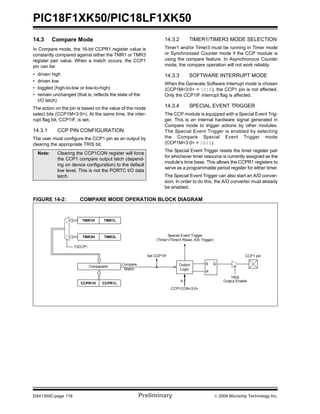 PIC18F1XK50/PIC18LF1XK50
DS41350C-page 116 Preliminary © 2009 Microchip Technology Inc.
14.3 Compare Mode
In Compare mode, the 16-bit CCPR1 register value is
constantly compared against either the TMR1 or TMR3
register pair value. When a match occurs, the CCP1
pin can be:
• driven high
• driven low
• toggled (high-to-low or low-to-high)
• remain unchanged (that is, reflects the state of the
I/O latch)
The action on the pin is based on the value of the mode
select bits (CCP1M<3:0>). At the same time, the inter-
rupt flag bit, CCP1IF, is set.
14.3.1 CCP PIN CONFIGURATION
The user must configure the CCP1 pin as an output by
clearing the appropriate TRIS bit.
14.3.2 TIMER1/TIMER3 MODE SELECTION
Timer1 and/or Timer3 must be running in Timer mode
or Synchronized Counter mode if the CCP module is
using the compare feature. In Asynchronous Counter
mode, the compare operation will not work reliably.
14.3.3 SOFTWARE INTERRUPT MODE
When the Generate Software Interrupt mode is chosen
(CCP1M<3:0> = 1010), the CCP1 pin is not affected.
Only the CCP1IF interrupt flag is affected.
14.3.4 SPECIAL EVENT TRIGGER
The CCP module is equipped with a Special Event Trig-
ger. This is an internal hardware signal generated in
Compare mode to trigger actions by other modules.
The Special Event Trigger is enabled by selecting
the Compare Special Event Trigger mode
(CCP1M<3:0> = 1011).
The Special Event Trigger resets the timer register pair
for whichever timer resource is currently assigned as the
module’s time base. This allows the CCPR1 registers to
serve as a programmable period register for either timer.
The Special Event Trigger can also start an A/D conver-
sion. In order to do this, the A/D converter must already
be enabled.
FIGURE 14-2: COMPARE MODE OPERATION BLOCK DIAGRAM
Note: Clearing the CCP1CON register will force
the CCP1 compare output latch (depend-
ing on device configuration) to the default
low level. This is not the PORTC I/O data
latch.
TMR1H TMR1L
TMR3H TMR3L
CCPR1H CCPR1L
Comparator
T3CCP1
Set CCP1IF
1
0
QS
R
Output
Logic
Special Event Trigger
CCP1 pin
TRIS
CCP1CON<3:0>
Output Enable4
(Timer1/Timer3 Reset, A/D Trigger)
Compare
Match
 