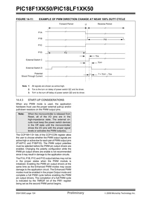 PIC18F1XK50/PIC18LF1XK50
DS41350C-page 124 Preliminary © 2009 Microchip Technology Inc.
FIGURE 14-11: EXAMPLE OF PWM DIRECTION CHANGE AT NEAR 100% DUTY CYCLE
14.4.3 START-UP CONSIDERATIONS
When any PWM mode is used, the application
hardware must use the proper external pull-up and/or
pull-down resistors on the PWM output pins.
The CCP1M<1:0> bits of the CCP1CON register allow
the user to choose whether the PWM output signals are
active-high or active-low for each pair of PWM output pins
(P1A/P1C and P1B/P1D). The PWM output polarities
must be selected before the PWM pin output drivers are
enabled. Changing the polarity configuration while the
PWM pin output drivers are enable is not recommended
since it may result in damage to the application circuits.
The P1A, P1B, P1C and P1D output latches may not be
in the proper states when the PWM module is
initialized. Enabling the PWM pin output drivers at the
same time as the Enhanced PWM modes may cause
damage to the application circuit. The Enhanced PWM
modes must be enabled in the proper Output mode and
complete a full PWM cycle before enabling the PWM
pin output drivers. The completion of a full PWM cycle
is indicated by the TMR2IF bit of the PIR1 register
being set as the second PWM period begins.
Forward Period Reverse Period
P1A
TON
TOFF
T = TOFF – TON
P1B
P1C
P1D
External Switch D
Potential
Shoot-Through Current
Note 1: All signals are shown as active-high.
2: TON is the turn on delay of power switch QC and its driver.
3: TOFF is the turn off delay of power switch QD and its driver.
External Switch C
t1
PW
PW
Note: When the microcontroller is released from
Reset, all of the I/O pins are in the
high-impedance state. The external cir-
cuits must keep the power switch devices
in the Off state until the microcontroller
drives the I/O pins with the proper signal
levels or activates the PWM output(s).
 