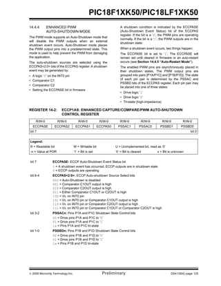 © 2009 Microchip Technology Inc. Preliminary DS41350C-page 125
PIC18F1XK50/PIC18LF1XK50
14.4.4 ENHANCED PWM
AUTO-SHUTDOWN MODE
The PWM mode supports an Auto-Shutdown mode that
will disable the PWM outputs when an external
shutdown event occurs. Auto-Shutdown mode places
the PWM output pins into a predetermined state. This
mode is used to help prevent the PWM from damaging
the application.
The auto-shutdown sources are selected using the
ECCPAS<2:0> bits of the ECCPAS register. A shutdown
event may be generated by:
• A logic ‘0’ on the INT0 pin
• Comparator C1
• Comparator C2
• Setting the ECCPASE bit in firmware
A shutdown condition is indicated by the ECCPASE
(Auto-Shutdown Event Status) bit of the ECCPAS
register. If the bit is a ‘0’, the PWM pins are operating
normally. If the bit is a ‘1’, the PWM outputs are in the
shutdown state.
When a shutdown event occurs, two things happen:
The ECCPASE bit is set to ‘1’. The ECCPASE will
remain set until cleared in firmware or an auto-restart
occurs (see Section 14.4.5 “Auto-Restart Mode”).
The enabled PWM pins are asynchronously placed in
their shutdown states. The PWM output pins are
grouped into pairs [P1A/P1C] and [P1B/P1D]. The state
of each pin pair is determined by the PSSAC and
PSSBD bits of the ECCPAS register. Each pin pair may
be placed into one of three states:
• Drive logic ‘1’
• Drive logic ‘0’
• Tri-state (high-impedance)
REGISTER 14-2: ECCP1AS: ENHANCED CAPTURE/COMPARE/PWM AUTO-SHUTDOWN
CONTROL REGISTER
R/W-0 R/W-0 R/W-0 R/W-0 R/W-0 R/W-0 R/W-0 R/W-0
ECCPASE ECCPAS2 ECCPAS1 ECCPAS0 PSSAC1 PSSAC0 PSSBD1 PSSBD0
bit 7 bit 0
Legend:
R = Readable bit W = Writable bit U = Unimplemented bit, read as ‘0’
-n = Value at POR ‘1’ = Bit is set ‘0’ = Bit is cleared x = Bit is unknown
bit 7 ECCPASE: ECCP Auto-Shutdown Event Status bit
1 = A shutdown event has occurred; ECCP outputs are in shutdown state
0 = ECCP outputs are operating
bit 6-4 ECCPAS<2:0>: ECCP Auto-shutdown Source Select bits
000 = Auto-Shutdown is disabled
001 = Comparator C1OUT output is high
010 = Comparator C2OUT output is high
011 = Either Comparator C1OUT or C2OUT is high
100 = VIL on INT0 pin
101 = VIL on INT0 pin or Comparator C1OUT output is high
110 = VIL on INT0 pin or Comparator C2OUT output is high
111 = VIL on INT0 pin or Comparator C1OUT or Comparator C2OUT is high
bit 3-2 PSSACn: Pins P1A and P1C Shutdown State Control bits
00 = Drive pins P1A and P1C to ‘0’
01 = Drive pins P1A and P1C to ‘1’
1x = Pins P1A and P1C tri-state
bit 1-0 PSSBDn: Pins P1B and P1D Shutdown State Control bits
00 = Drive pins P1B and P1D to ‘0’
01 = Drive pins P1B and P1D to ‘1’
1x = Pins P1B and P1D tri-state
 