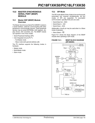 © 2009 Microchip Technology Inc. Preliminary DS41350C-page 135
PIC18F1XK50/PIC18LF1XK50
15.0 MASTER SYNCHRONOUS
SERIAL PORT (MSSP)
MODULE
15.1 Master SSP (MSSP) Module
Overview
The Master Synchronous Serial Port (MSSP) module is
a serial interface, useful for communicating with other
peripheral or microcontroller devices. These peripheral
devices may be serial EEPROMs, shift registers, dis-
play drivers, A/D converters, etc. The MSSP module
can operate in one of two modes:
• Serial Peripheral Interface (SPI)
• Inter-Integrated Circuit (I2
C™)
- Full Master mode
- Slave mode (with general address call)
The I2
C interface supports the following modes in
hardware:
• Master mode
• Multi-Master mode
• Slave mode
15.2 SPI Mode
The SPI mode allows 8 bits of data to be synchronously
transmitted and received simultaneously. All four
modes of SPI are supported. To accomplish
communication, typically three pins are used:
• Serial Data Out – SDO
• Serial Data In – SDI
• Serial Clock – SCK
Additionally, a fourth pin may be used when in a Slave
mode of operation:
• Slave Select – SS
Figure 15-1 shows the block diagram of the MSSP
module when operating in SPI mode.
FIGURE 15-1: MSSP BLOCK DIAGRAM
(SPI MODE)
( )
Read Write
Internal
Data Bus
SSPSR Reg
SSPM<3:0>
bit 0 Shift
Clock
SS Control
Enable
Edge
Select
Clock Select
TMR2 Output
TOSCPrescaler
4, 16, 64
2
Edge
Select
2
4
TRIS bit
SDO
SSPBUF Reg
SDI/SDA
SS
SCK/SCL
 