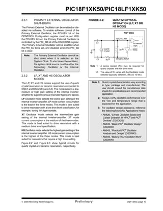 © 2009 Microchip Technology Inc. Preliminary DS41350C-page 13
PIC18F1XK50/PIC18LF1XK50
2.3.1 PRIMARY EXTERNAL OSCILLATOR
SHUT-DOWN
The Primary External Oscillator can be enabled or dis-
abled via software. To enable software control of the
Primary External Oscillator, the PCLKEN bit of the
CONFIG1H Configuration register must be set. With
the PCLKEN bit set, the Primary External Oscillator is
controlled by the PRI_SD bit of the OSCCON2 register.
The Primary External Oscillator will be enabled when
the PRI_SD bit is set, and disabled when the PRI_SD
bit is clear.
2.3.2 LP, XT AND HS OSCILLATOR
MODES
The LP, XT and HS modes support the use of quartz
crystal resonators or ceramic resonators connected to
OSC1 and OSC2 (Figure 2-2). The mode selects a low,
medium or high gain setting of the internal inverter-
amplifier to support various resonator types and speed.
LP Oscillator mode selects the lowest gain setting of the
internal inverter-amplifier. LP mode current consumption
is the least of the three modes. This mode is best suited
to drive resonators with a low drive level specification, for
example, tuning fork type crystals.
XT Oscillator mode selects the intermediate gain
setting of the internal inverter-amplifier. XT mode
current consumption is the medium of the three modes.
This mode is best suited to drive resonators with a
medium drive level specification.
HS Oscillator mode selects the highest gain setting of the
internal inverter-amplifier. HS mode current consumption
is the highest of the three modes. This mode is best
suited for resonators that require a high drive setting.
Figure 2-2 and Figure 2-3 show typical circuits for
quartz crystal and ceramic resonators, respectively.
FIGURE 2-2: QUARTZ CRYSTAL
OPERATION (LP, XT OR
HS MODE)
Note: The Primary External Oscillator cannot be
shut down when it is selected as the
System Clock. To shut down the oscillator,
the system clock source must be either the
Secondary Oscillator or the Internal
Oscillator.
Note 1: Quartz crystal characteristics vary according
to type, package and manufacturer. The
user should consult the manufacturer data
sheets for specifications and recommended
application.
2: Always verify oscillator performance over
the VDD and temperature range that is
expected for the application.
3: For oscillator design assistance, reference
the following Microchip Applications Notes:
• AN826, “Crystal Oscillator Basics and
Crystal Selection for rfPIC®
and PIC®
Devices” (DS00826)
• AN849, “Basic PIC®
Oscillator Design”
(DS00849)
• AN943, “Practical PIC®
Oscillator
Analysis and Design” (DS00943)
• AN949, “Making Your Oscillator Work”
(DS00949)
Note 1: A series resistor (RS) may be required for
quartz crystals with low drive level.
2: The value of RF varies with the Oscillator mode
selected (typically between 2 MΩ to 10 MΩ).
C1
C2
Quartz
RS
(1)
OSC1/CLKIN
RF
(2) Sleep
To Internal
Logic
PIC®
MCU
Crystal
OSC2/CLKOUT
 