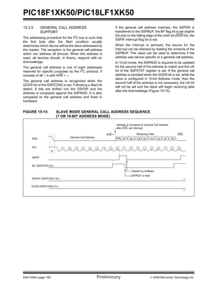 PIC18F1XK50/PIC18LF1XK50
DS41350C-page 160 Preliminary © 2009 Microchip Technology Inc.
15.3.5 GENERAL CALL ADDRESS
SUPPORT
The addressing procedure for the I2
C bus is such that
the first byte after the Start condition usually
determines which device will be the slave addressed by
the master. The exception is the general call address
which can address all devices. When this address is
used, all devices should, in theory, respond with an
Acknowledge.
The general call address is one of eight addresses
reserved for specific purposes by the I2
C protocol. It
consists of all ‘0’s with R/W = 0.
The general call address is recognized when the
GCEN bit of the SSPCON2 is set. Following a Start bit
detect, 8 bits are shifted into the SSPSR and the
address is compared against the SSPADD. It is also
compared to the general call address and fixed in
hardware.
If the general call address matches, the SSPSR is
transferred to the SSPBUF, the BF flag bit is set (eighth
bit) and on the falling edge of the ninth bit (ACK bit), the
SSPIF interrupt flag bit is set.
When the interrupt is serviced, the source for the
interrupt can be checked by reading the contents of the
SSPBUF. The value can be used to determine if the
address was device specific or a general call address.
In 10-bit mode, the SSPADD is required to be updated
for the second half of the address to match and the UA
bit of the SSPSTAT register is set. If the general call
address is sampled when the GCEN bit is set, while the
slave is configured in 10-bit Address mode, then the
second half of the address is not necessary, the UA bit
will not be set and the slave will begin receiving data
after the Acknowledge (Figure 15-15).
FIGURE 15-15: SLAVE MODE GENERAL CALL ADDRESS SEQUENCE
(7 OR 10-BIT ADDRESS MODE)
SDA
SCL
S
SSPIF
BF (SSPSTAT<0>)
SSPOV (SSPCON1<6>)
Cleared by software
SSPBUF is read
R/W = 0
ACKGeneral Call Address
Address is compared to General Call Address
GCEN (SSPCON2<7>)
Receiving Data ACK
1 2 3 4 5 6 7 8 9 1 2 3 4 5 6 7 8 9
D7 D6 D5 D4 D3 D2 D1 D0
after ACK, set interrupt
‘0’
‘1’
 